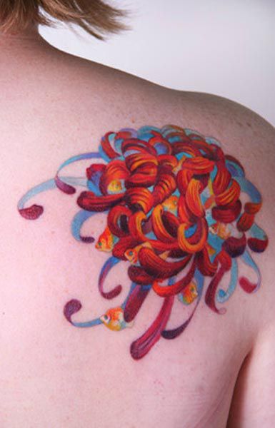 385x600 An Amanda Washob Abstract Tattoo Of Goldfish Emerging From A Swarm - Tattoo Watercolor Painting