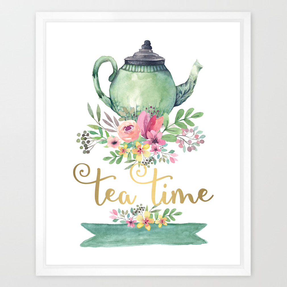 1010x1010 Eleville 8x10 Tea Time Real Gold Foil And Floral Contemporary - Tea Watercolor