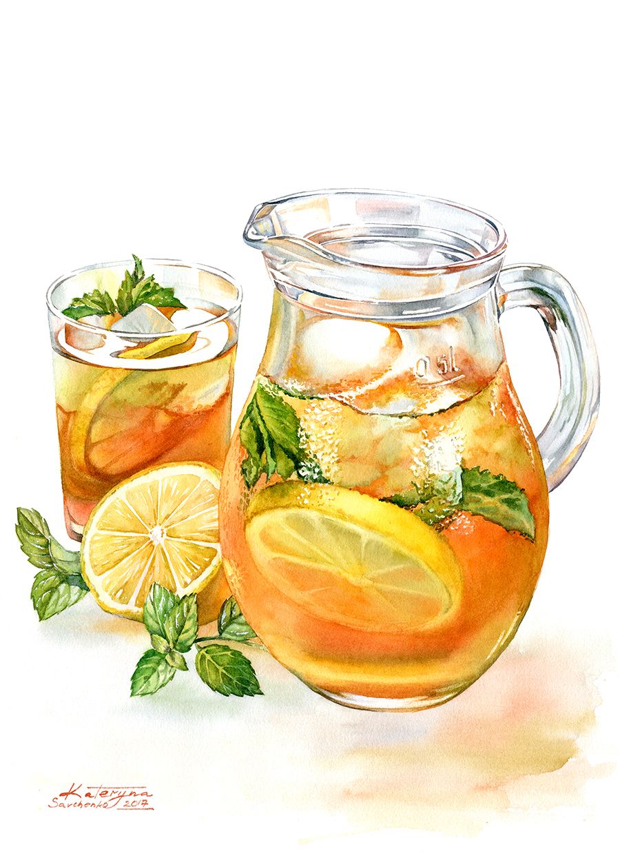 900x1238 Ice Tea Watercolor Food Illustration By Kateryna Savchenko - Tea Watercolor