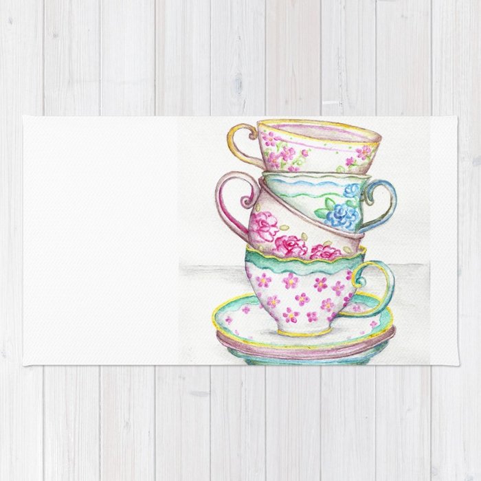 700x700 Tea Cup Art Kitchen Watercolor Painting Drawing Rug By - Tea Watercolor