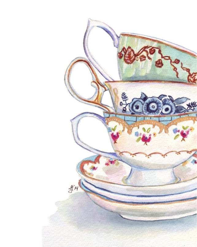 642x803 Teacups Still Life Watercolor Painting Stack Of Tea Cups Etsy - Tea Watercolor