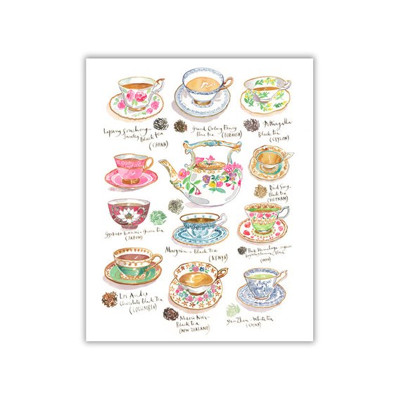 570x570 Watercolor Tea Poster Colorful Kitchen Decor Teas Of The Etsy - Tea Watercolor