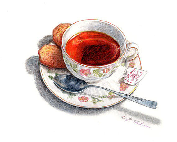 570x456 Cup Of Tea Amp Biscuits Food Art Print, Kitchen Art, Food - Tea Watercolor