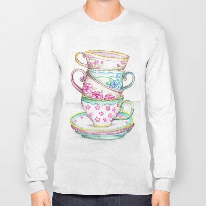 700x700 Tea Cup Art Kitchen Watercolor Painting Drawing Long Sleeve T - Teacup Watercolor