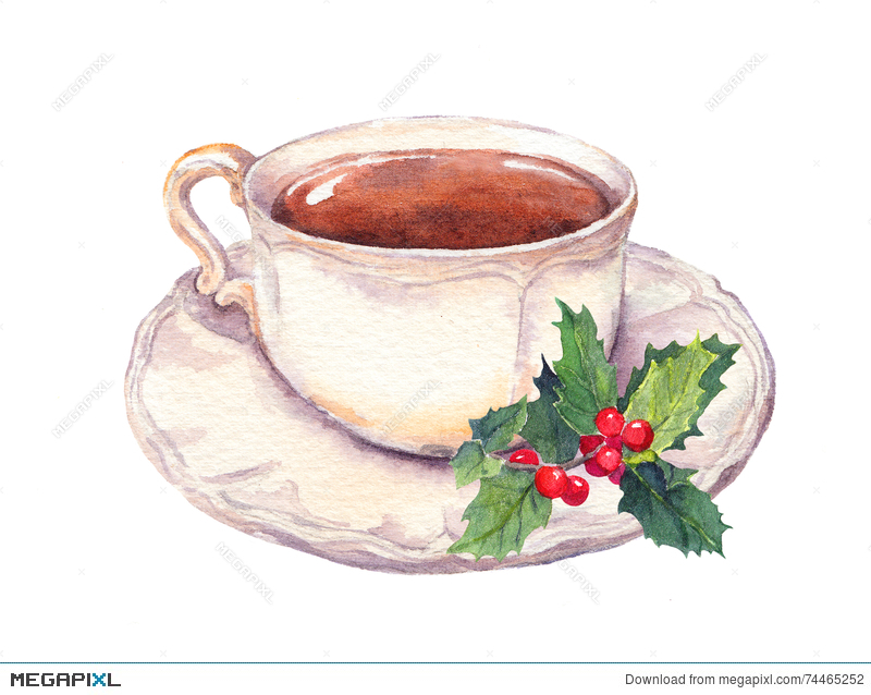 800x638 Tea Cup With Christmas Mistletoe. Watercolor Stock Photo 74465252 - Teacup Watercolor