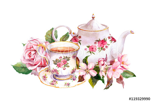 500x337 Teacup, Tea Pot With Flowers. Vintage Card. Watercolor - Teacup Watercolor