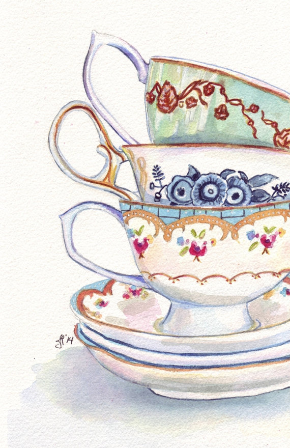 570x880 Teacups Still Life Watercolor Painting - Teacup Watercolor