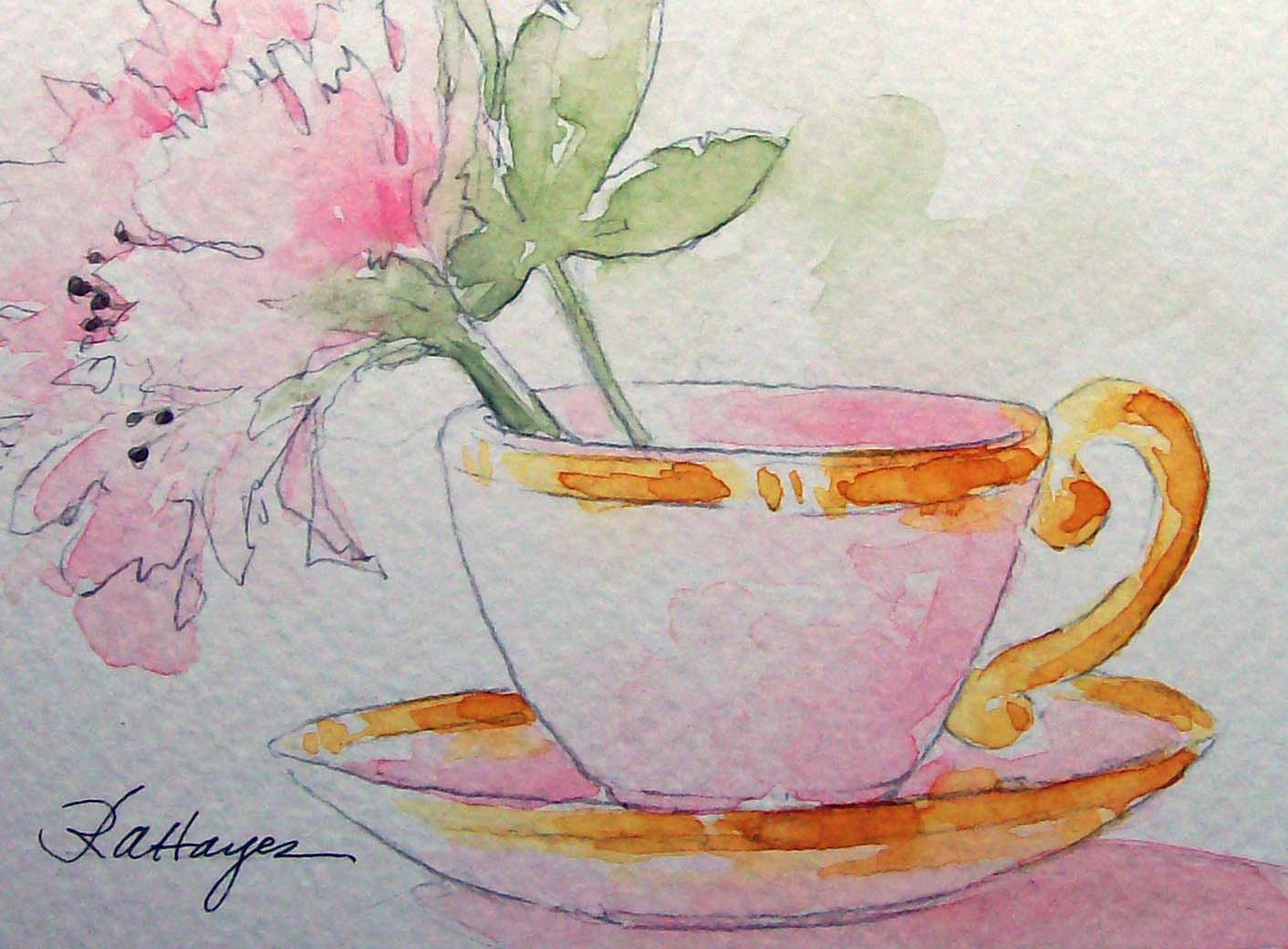 1412x1040 Watercolor Paintings By Roseann Hayes Peony In Teacup - Teacup Watercolor