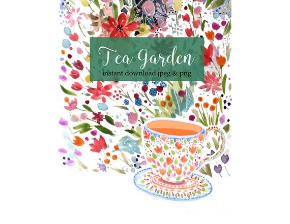 570x441 Teacup Watercolor Clip Art Garden Flowers Tea Garden Etsy - Teacup Watercolor