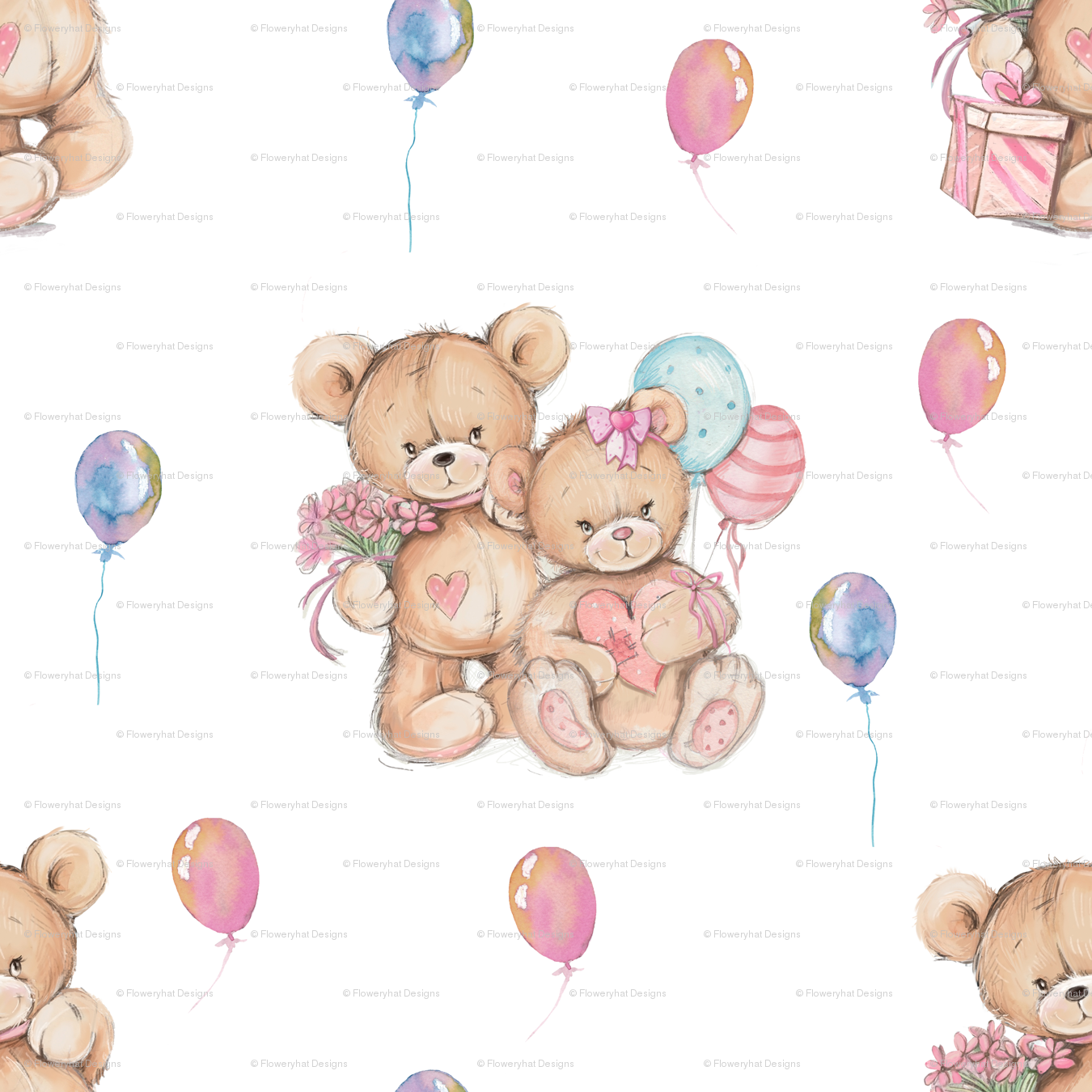 1350x1350 Large Watercolor Stuffed Teddy Bears Gift And Balloons On White - Teddy Bear Watercolor