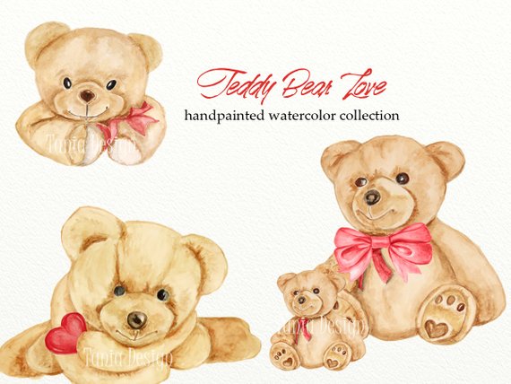 570x428 Teddy Bear Love Watercolor Clipart Valentines Clipart Romantic Etsy - Teddy Bear Watercolor