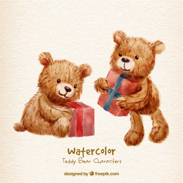 626x626 Watercolor Teddy Bear Characters With Gifts Vector Free Download - Teddy Bear Watercolor