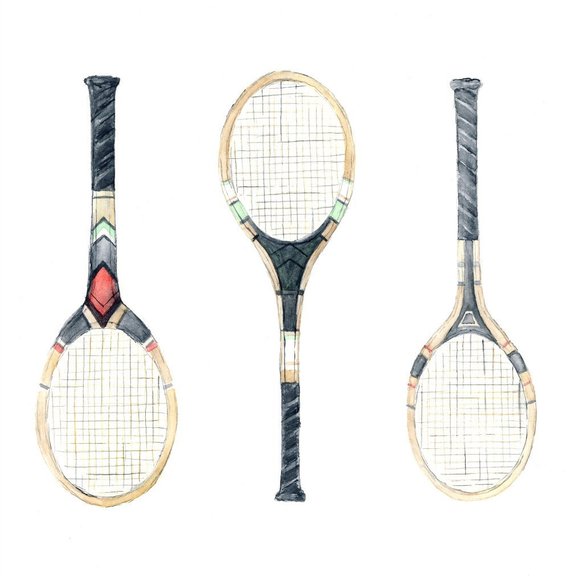 570x576 Tennis Racquet Watercolor Art Giclee Print 8x10 Sports Home - Tennis Watercolor