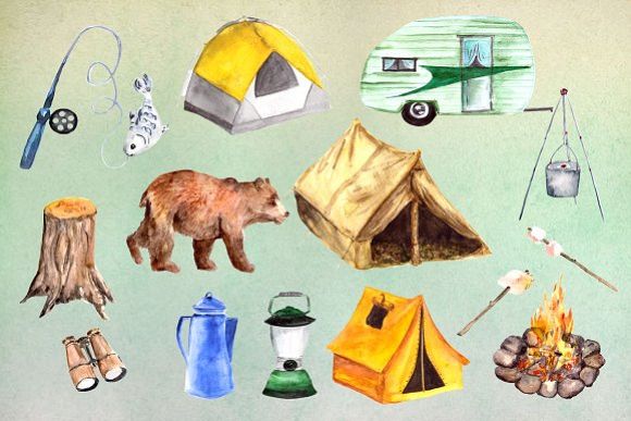 580x387 Watercolor Camping Clip Art Set - Tent Watercolor