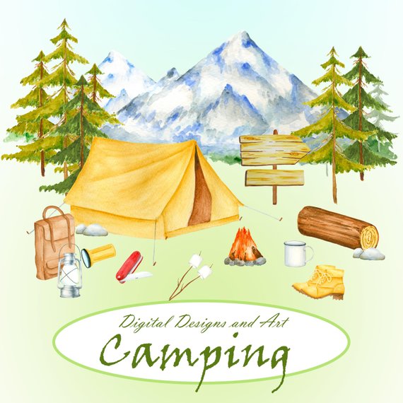 570x570 Watercolor Camping Item Clipart Forest And Mountains Clipart Etsy - Tent Watercolor
