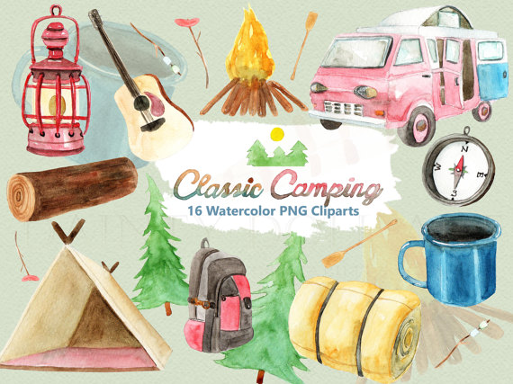 570x427 Camping Clipart Watercolor Digital Download Travel Outdoors Nature - Tent Watercolor