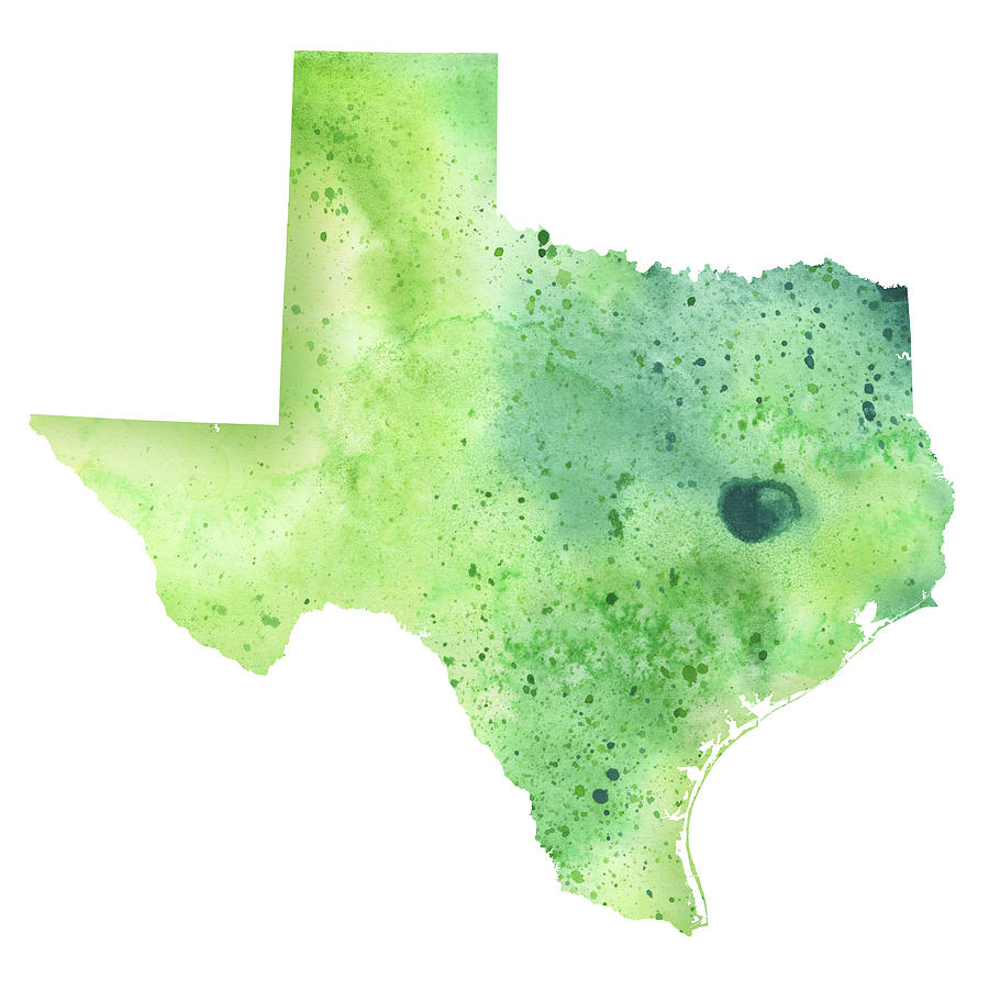 900x900 Watercolor Map Of Texas, In Green Painting By Andrea Hill - Texas Watercolor