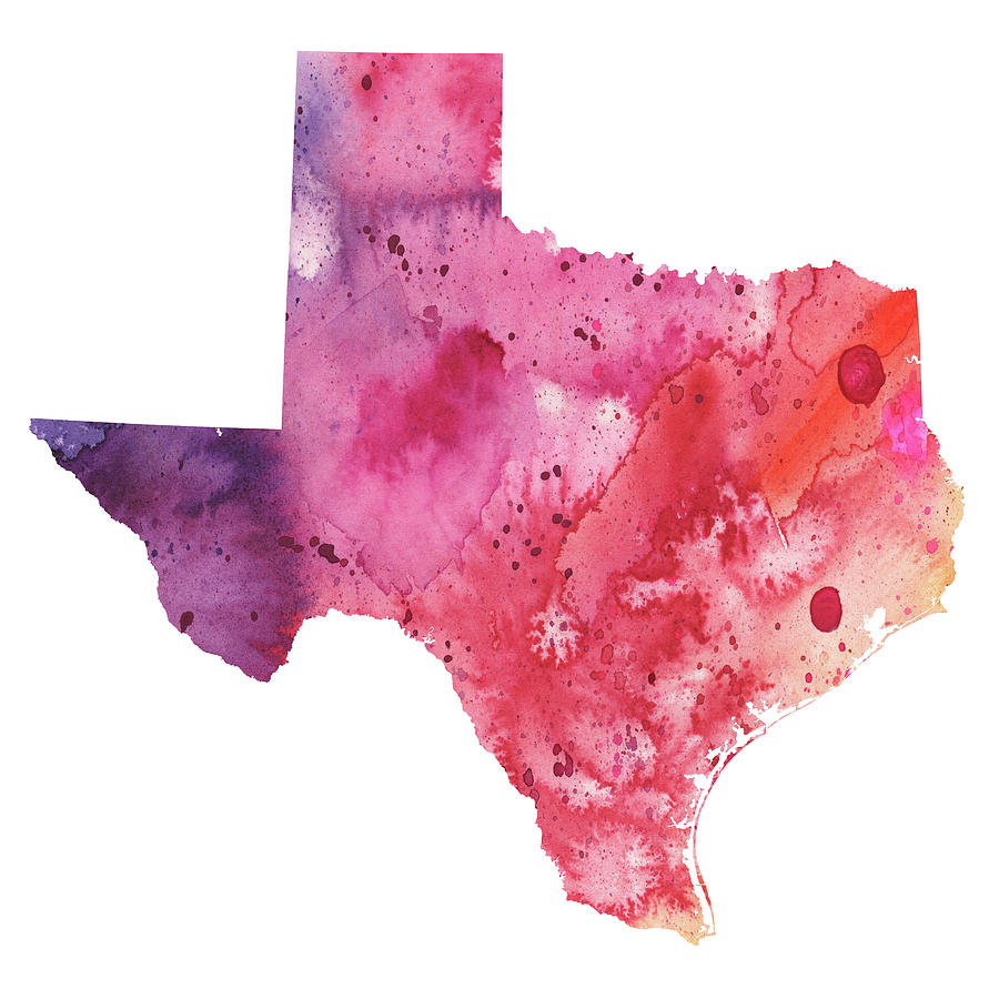 900x900 Watercolor Map Of Texas, In Orange, Red And Purple Painting By - Texas Watercolor