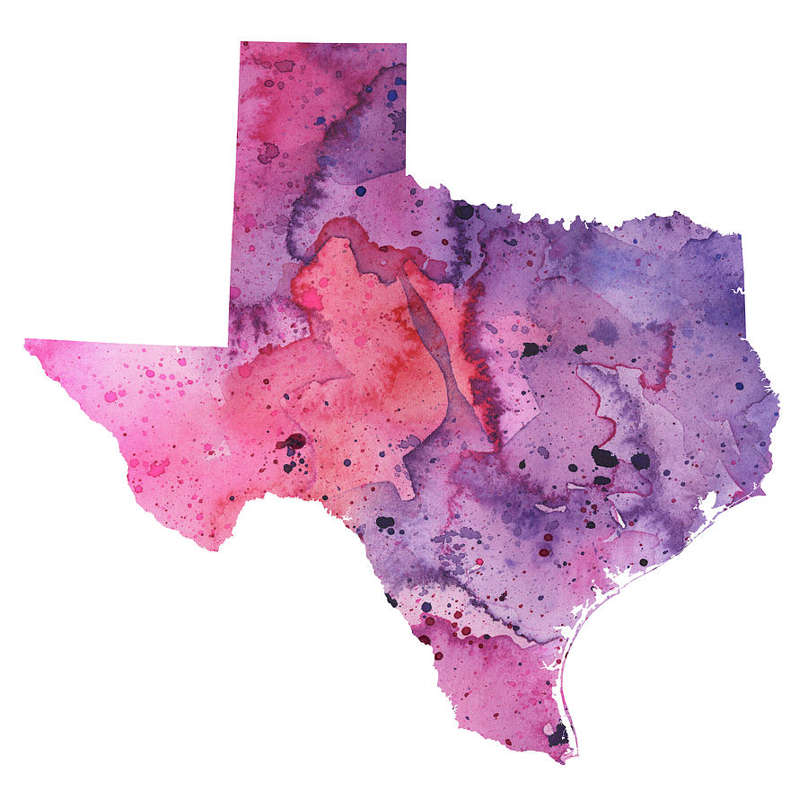 900x900 Watercolor Map Of Texas, In Pink And Purple Painting By Andrea Hill - Texas Watercolor