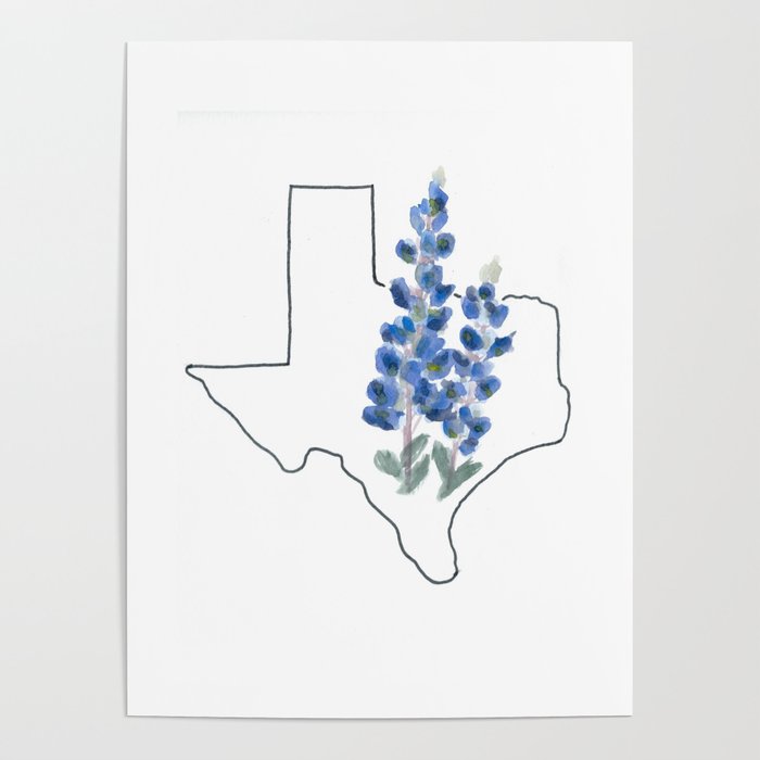 700x700 Texas Watercolor Bluebonnet State Flower Map Poster By Ashymd - Texas Watercolor
