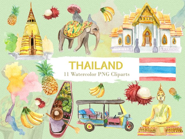 642x482 Thailand Clipart Watercolor Digital Download Travel Southeast Etsy - Thailand Watercolor