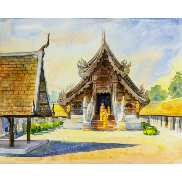 600x600 Beautiful Buddhist Temple In Thailand Watercolor Canvas Art - Thailand Watercolor