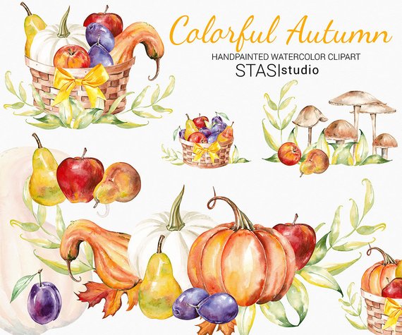 570x475 Thanksgiving Watercolor Clipart Fall Clip Art Autumn Pumpkin Etsy - Thanksgiving Watercolor