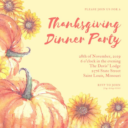 530x530 Yellow Watercolor Thanksgiving Invitation - Thanksgiving Watercolor