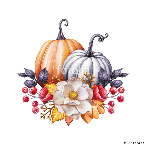 500x500 Floral Pumpkins, Thanksgiving Watercolor Illustration, Autumn - Thanksgiving Watercolor