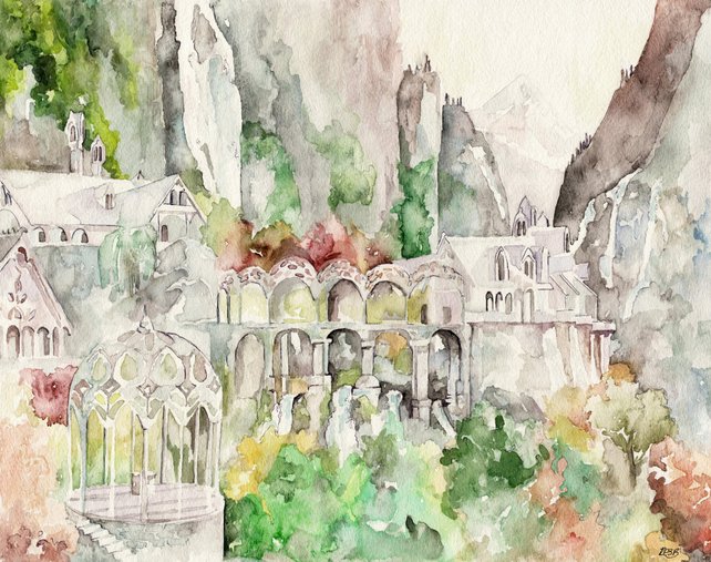 642x507 Rivendell Painting Print From Original Watercolor Painting Etsy - The Hobbit Watercolor