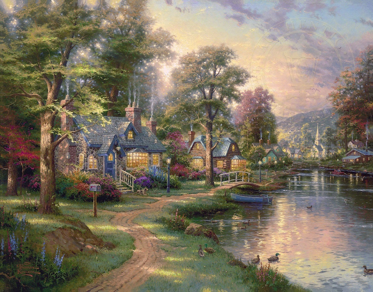 1200x938 Hometown Lake By Thomas Kinkade - Thomas Kinkade Watercolor