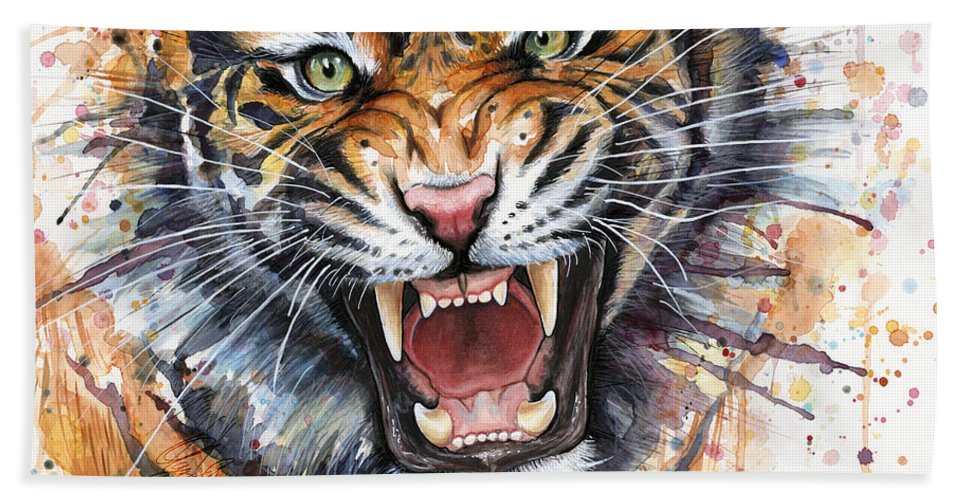 967x500 Tiger Watercolor Portrait Bath Towel For Sale By Olga Shvartsur - Tiger Watercolor
