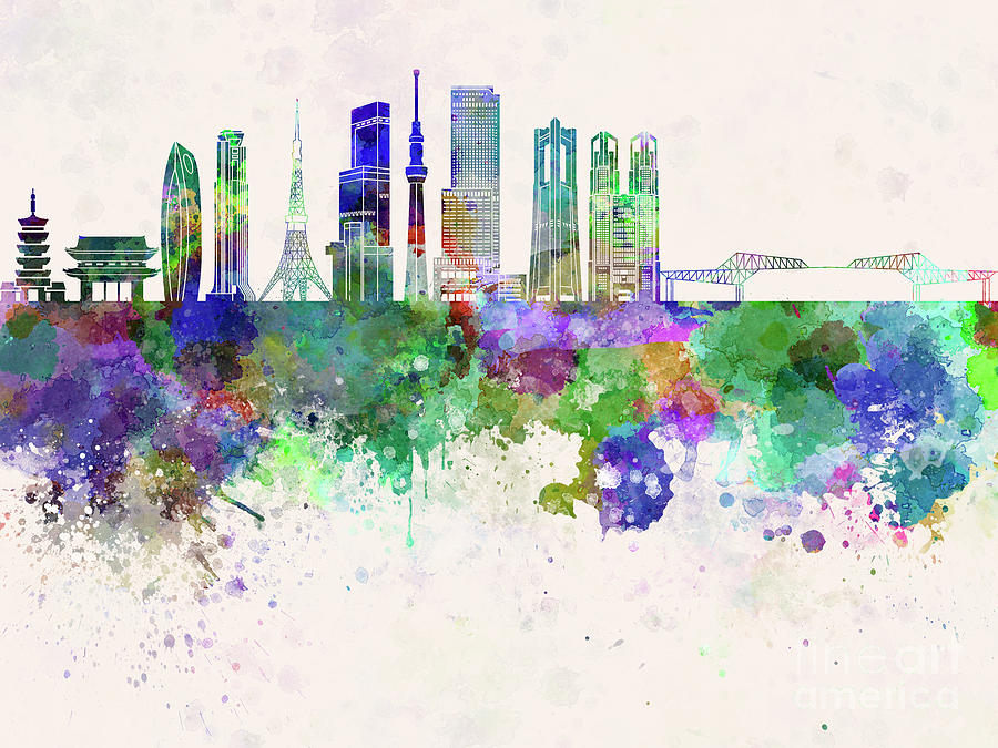 900x675 Tokyo V3 Skyline In Watercolor Background Painting By Pablo Romero - Tokyo Watercolor