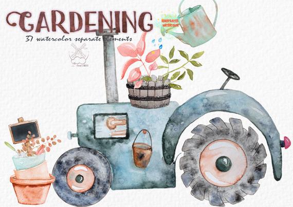 570x403 Gardening Watercolor Clipart Tractor Watercolor Windmill Etsy - Tractor Watercolor