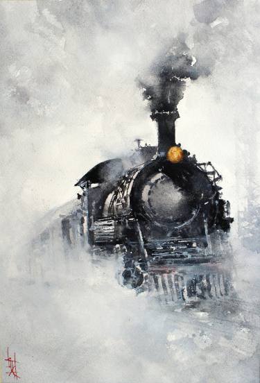 375x552 Original Train Watercolor Paintings From Canada Saatchi Art - Train Watercolor Paintings