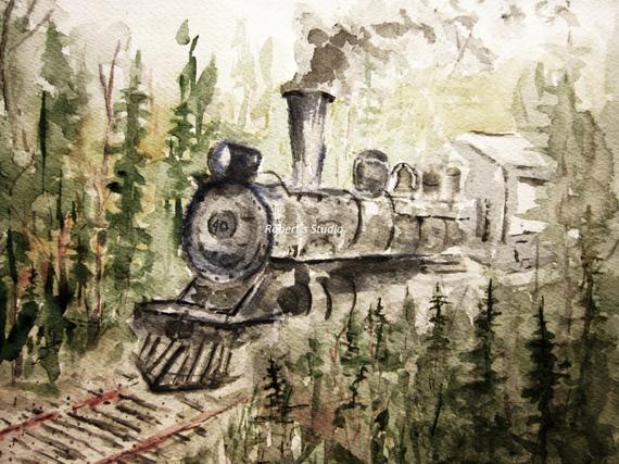 570x427 Train In The Woods Print Of Original Watercolor Painting Etsy - Train Watercolor Paintings