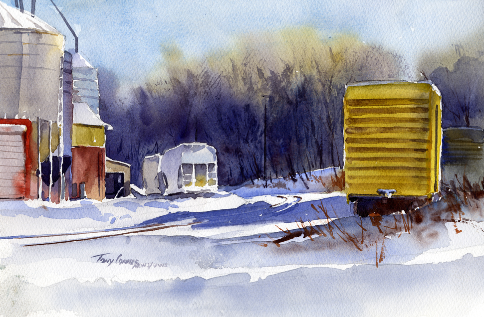 970x636 Train Yard At Whitmans Watercolor Plein Air Landscape Painting - Train Watercolor Paintings