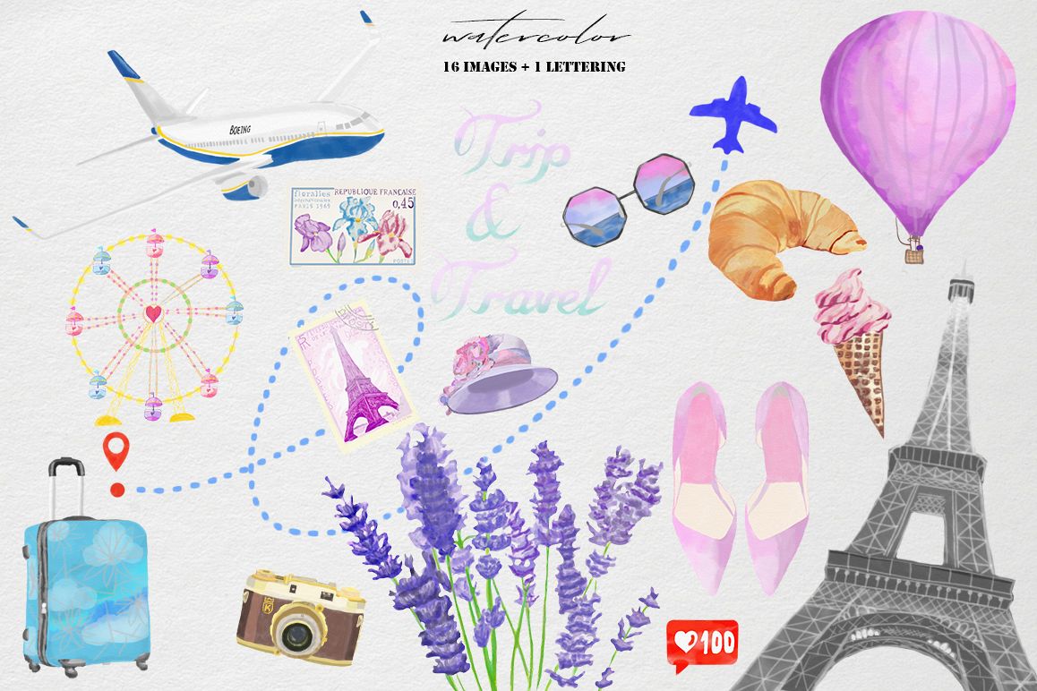 1158x772 Trip Amp Travel Watercolor Clip Art Set - Travel Watercolor