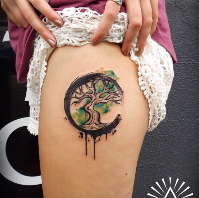 635x632 Cool Tree Of Life Watercolor Tattoo On Thigh By Cynthia Sobraty - Tree Of Life Watercolor