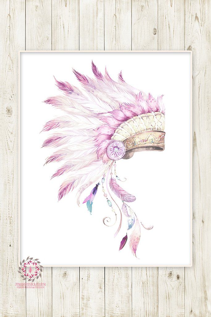 683x1024 Indian Headress Boho Purple Feather Nursery Wall Art Print Tribal - Tribal Watercolor