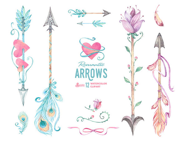 570x452 Romantic Arrows Watercolor Clipart. 12 Hand Painted Elements - Tribal Watercolor
