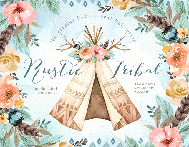 642x499 Rustic Tribal Watercolor Clipart Boho Clipart Flowers Wreath Etsy - Tribal Watercolor