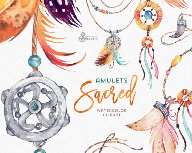 642x510 Sacred Amulets. Tribal Watercolor Clipart. Fang Tooth Beads Etsy - Tribal Watercolor