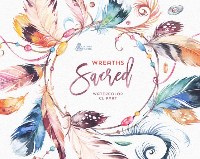 642x510 Sacred Wreaths. Watercolor Clipart. Native Tribal Feathers Etsy - Tribal Watercolor