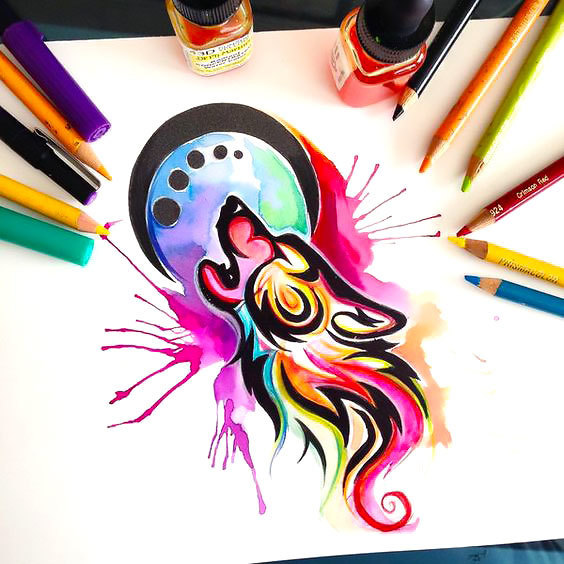 564x564 Tribal Watercolor Howling Wolf And Moon Stencil Tattoo Design - Tribal Watercolor