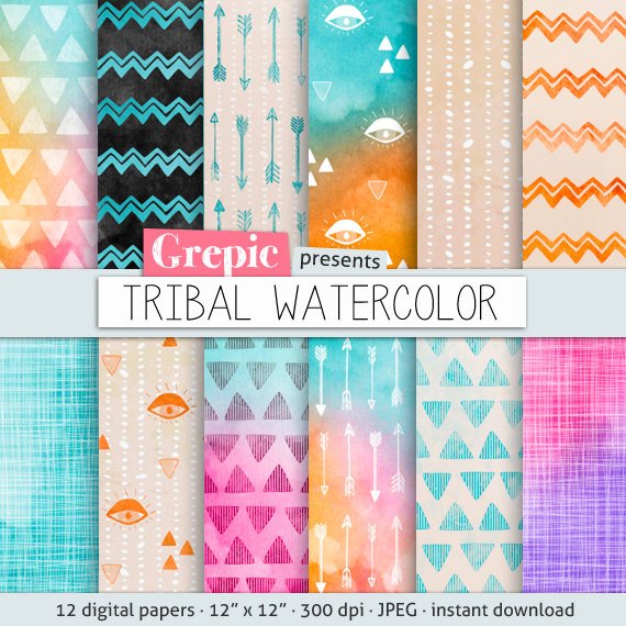 570x570 Tribal Digital Paper With Playful Hand Drawn - Tribal Watercolor