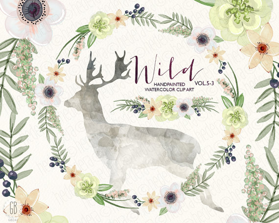 570x456 Watercolor Flowers, Deer Antlers, Green Wedding Bouquet, Anemones - Tribal Watercolor