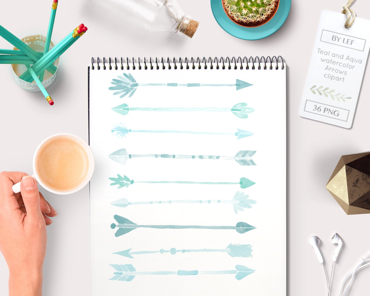 1500x1200 Hand Painted Watercolor Clipart Arrows Tribal (36 Pc) Teal Aqua - Tribal Watercolor