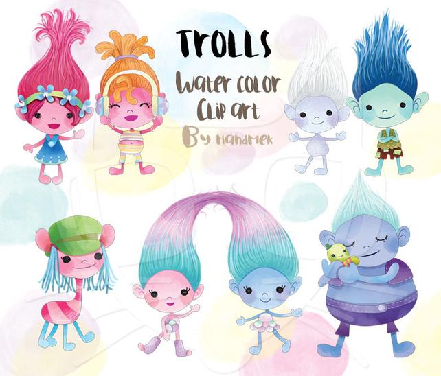 642x548 Trolls Watercolor Clip Art Cute Characters Clipart Instant Etsy - Trolls Watercolor