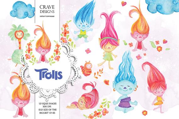 570x379 Trolls. Watercolor Clip Art Cute Characters Dolls Happy Etsy - Trolls Watercolor